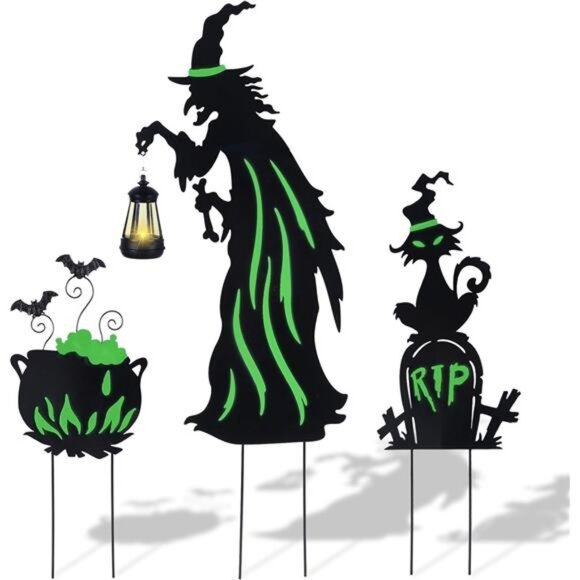 Halloween Decorations Outdoor- 3 Pack Metal Witch Yard Stakes with solar lantern - Picture 1 of 7
